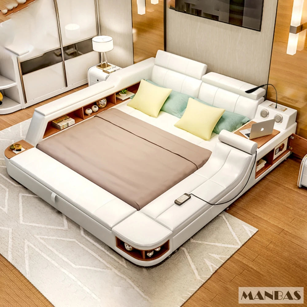 Luxury white leather bed frame with built-in side storage shelves, integrated side tables, and modern LED lighting.