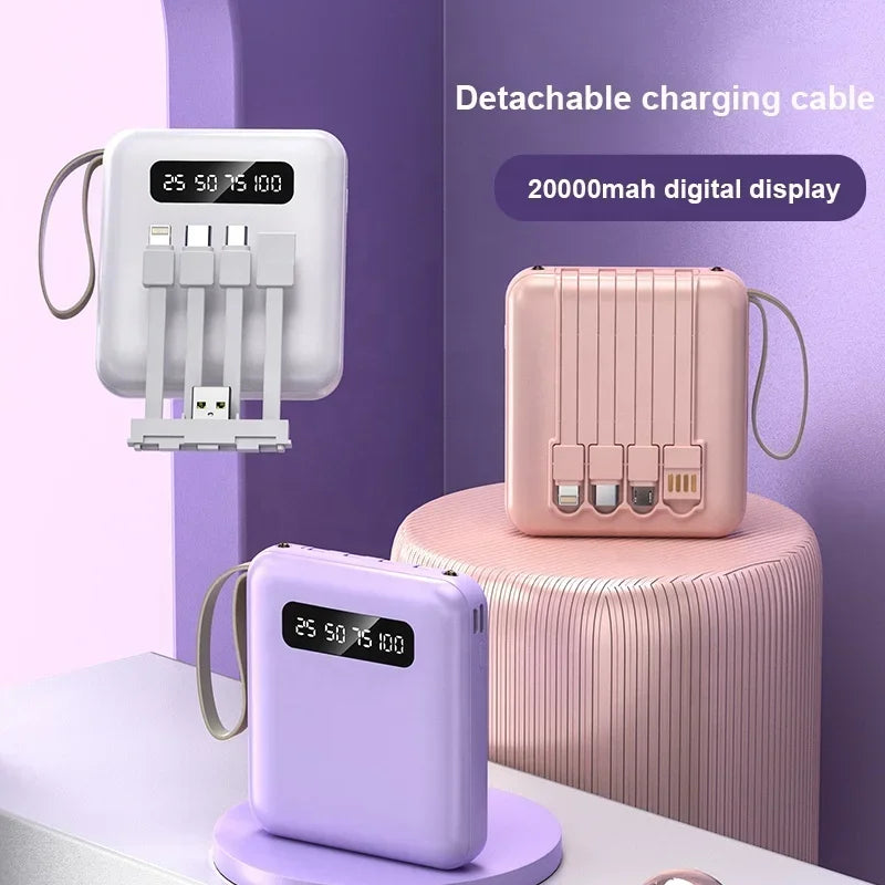 Three portable 20000mAh power banks in white, pink, and lilac, featuring built-in charging cables and digital displays.