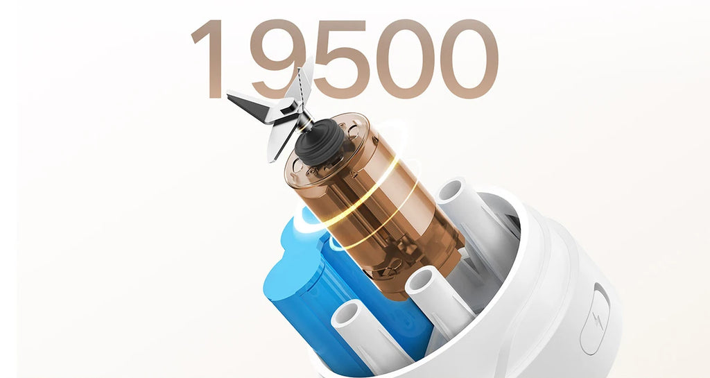 Exploded view of a portable blender motor with metallic blades, copper-colored cylinder, and blue battery components.