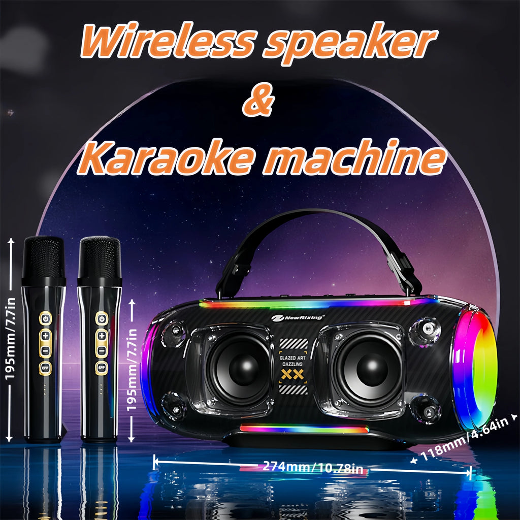 Portable black wireless speaker with LED light accents and two matching handheld microphones for karaoke.