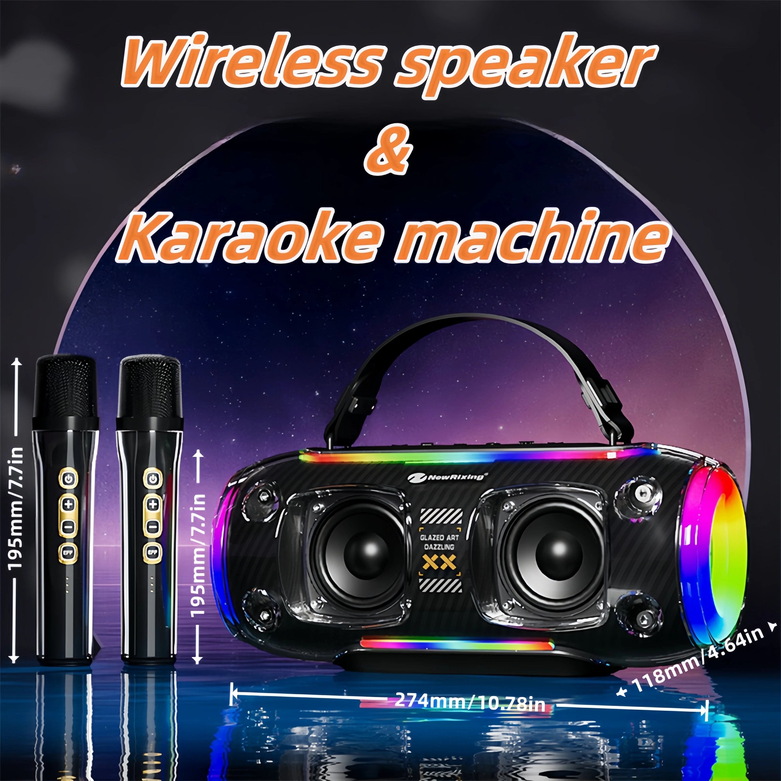 Portable black wireless speaker with LED light accents and two matching handheld microphones for karaoke.