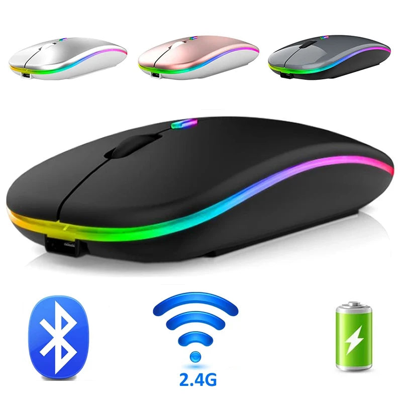 Slim, ergonomic wireless mouse in various colours, featuring silent buttons, RGB lighting, and rechargeable battery.