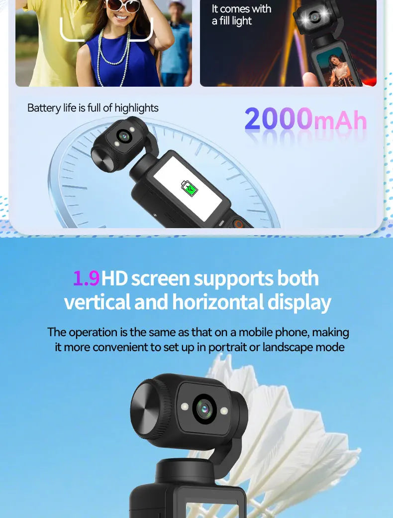 Black handheld gimbal camera with a 1.9-inch screen, built-in fill light, and a 2000mAh battery.