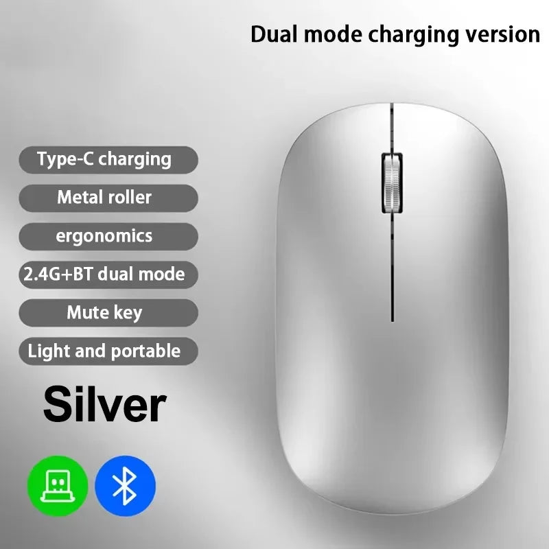 Sleek silver wireless ergonomic mouse with a metal scroll wheel, silent buttons, and dual-mode connectivity.