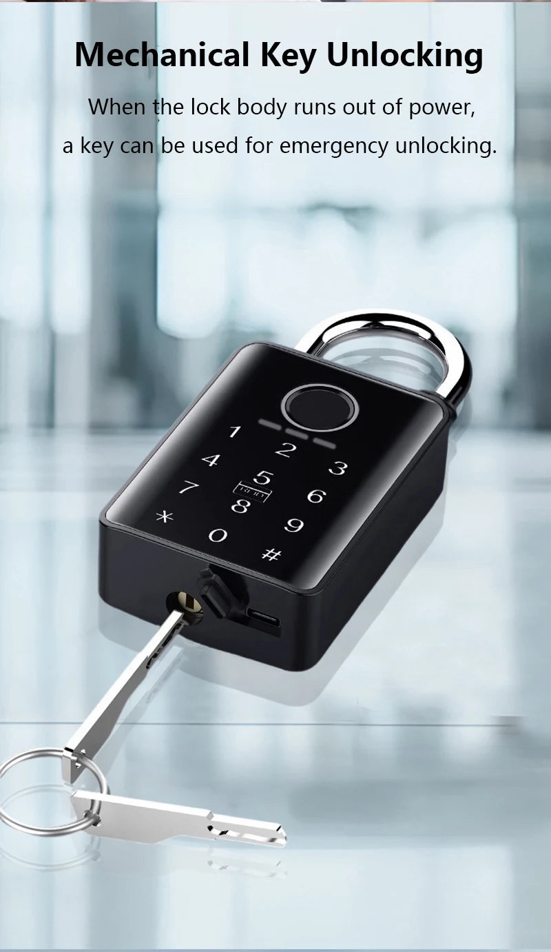 Black metal smart padlock with digital keypad, fingerprint scanner, and a silver key inserted for manual unlocking.