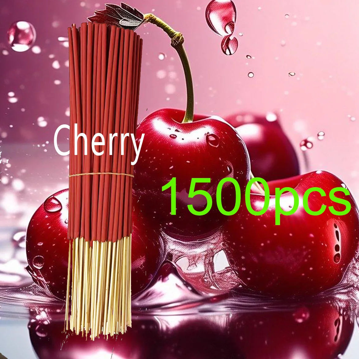 Bulk pack of 1500 cherry-scented incense sticks in a vibrant red colour against a fresh cherry-themed background.
