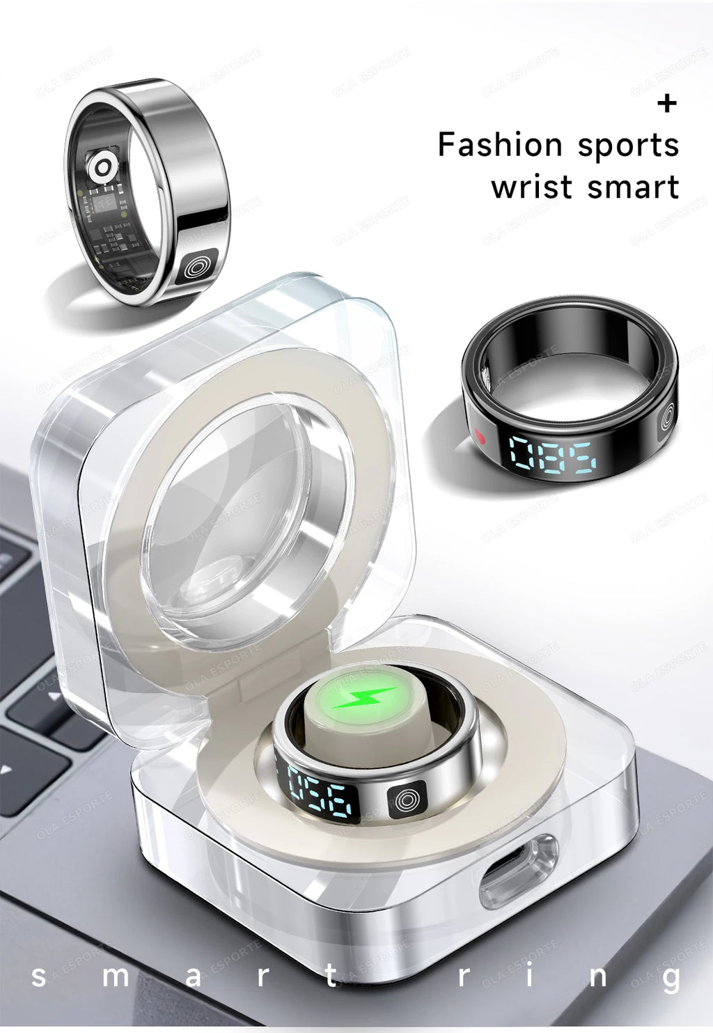 Black and silver smart health tracking rings with digital displays, shown with a clear charging case.