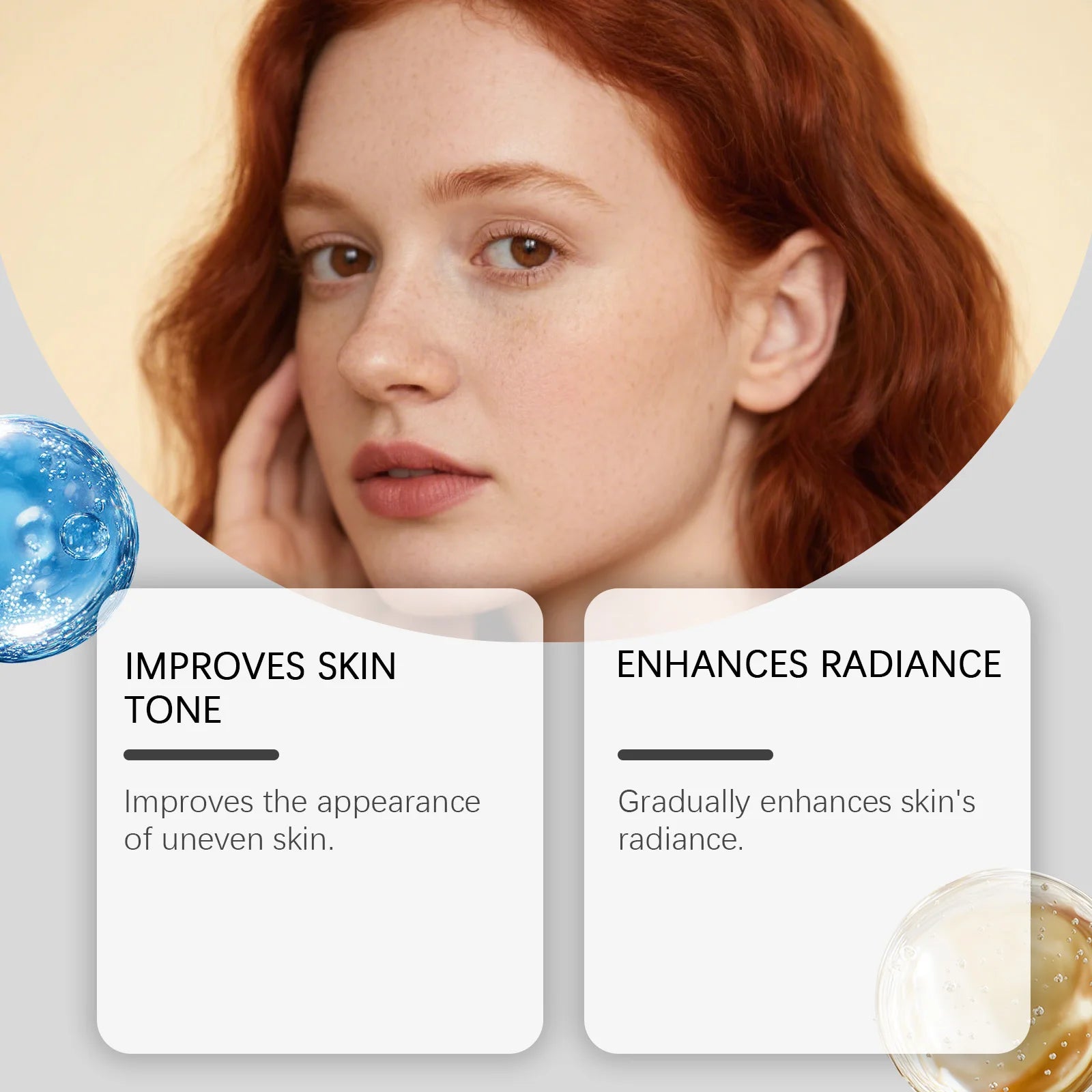 Woman with clear skin showing product benefits: improves skin tone and enhances radiance with blue gel visual.