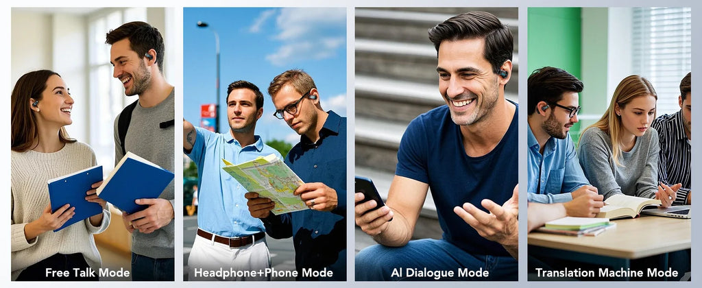 People wearing compact, black wireless earbuds while using smartphones, books, and maps in various daily scenarios.