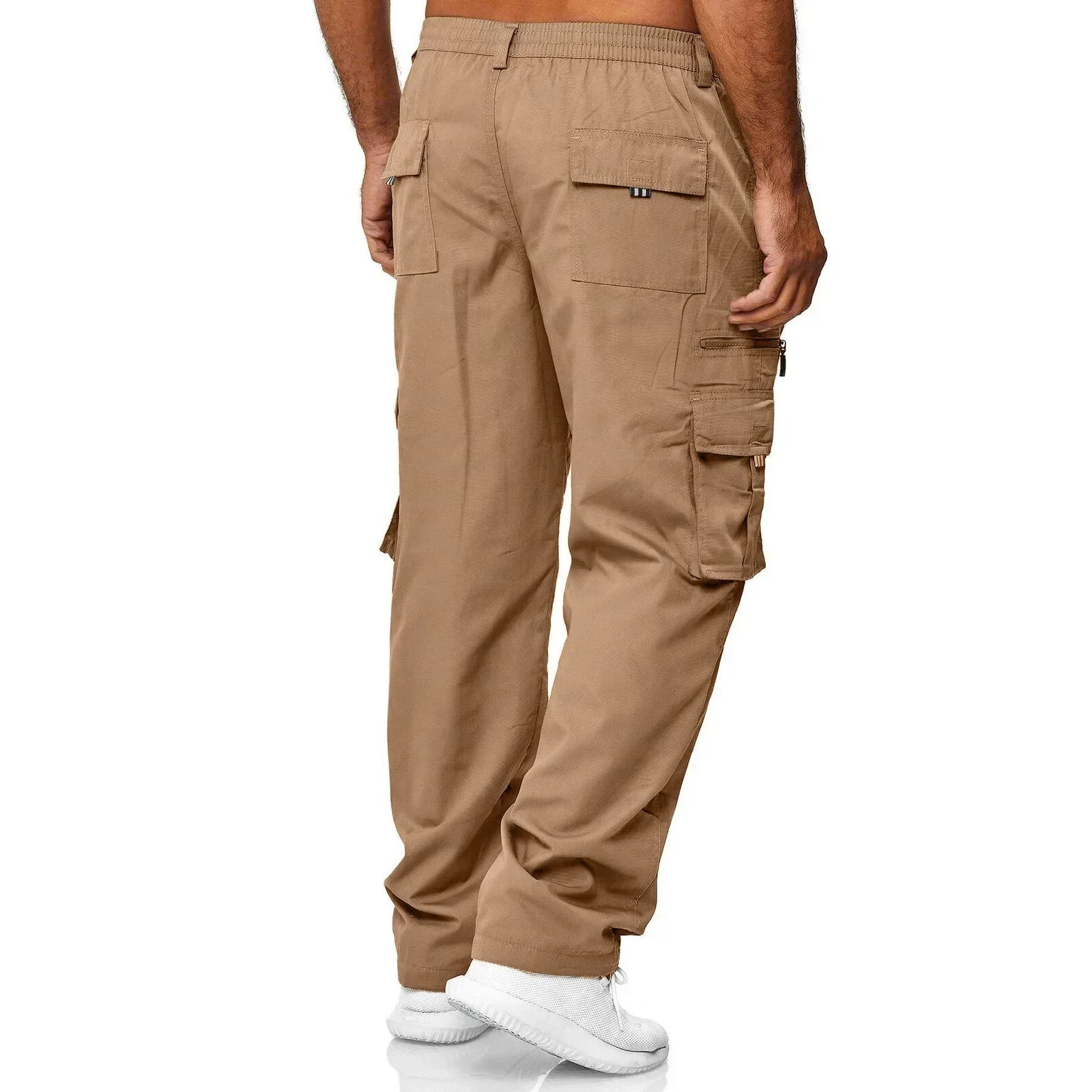 Men's tan casual cargo trousers with an elasticated waistband and multiple utility pockets.