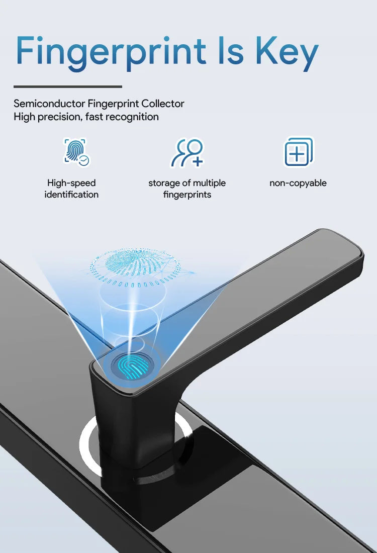 Modern black smart door lock with a sleek lever handle and a high-precision integrated fingerprint scanner.
