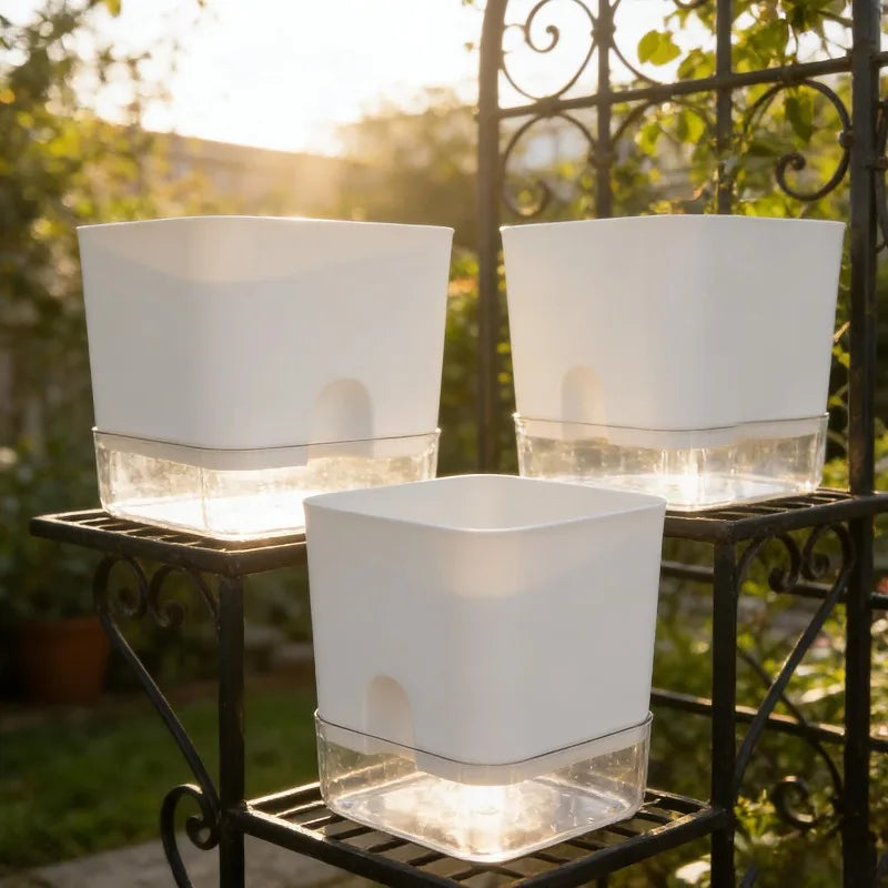 Three square, white self-watering plastic planters with clear bases, arranged on a wrought-iron stand at sunset.