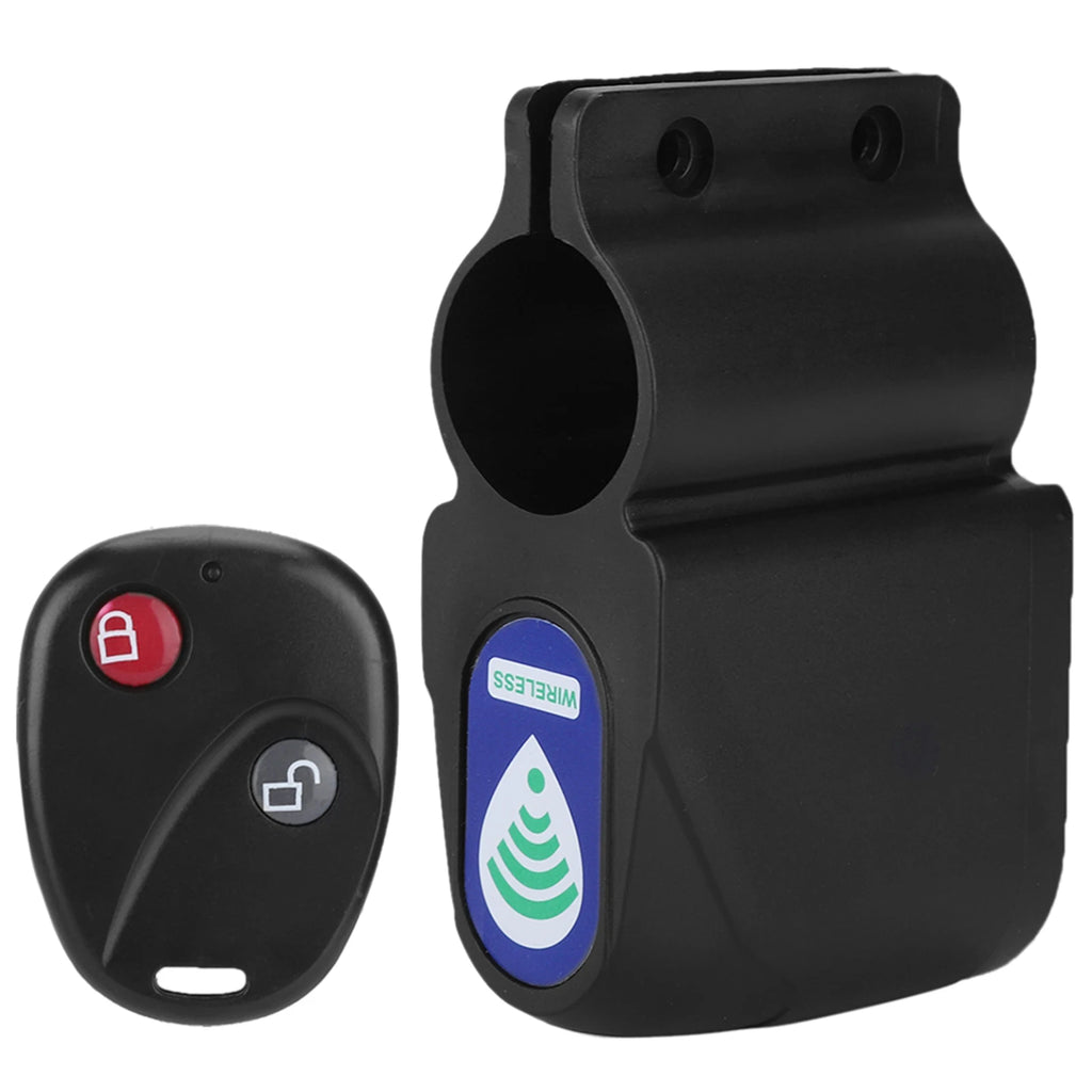 Black plastic wireless lock and alarm unit with a remote control featuring red and grey buttons.