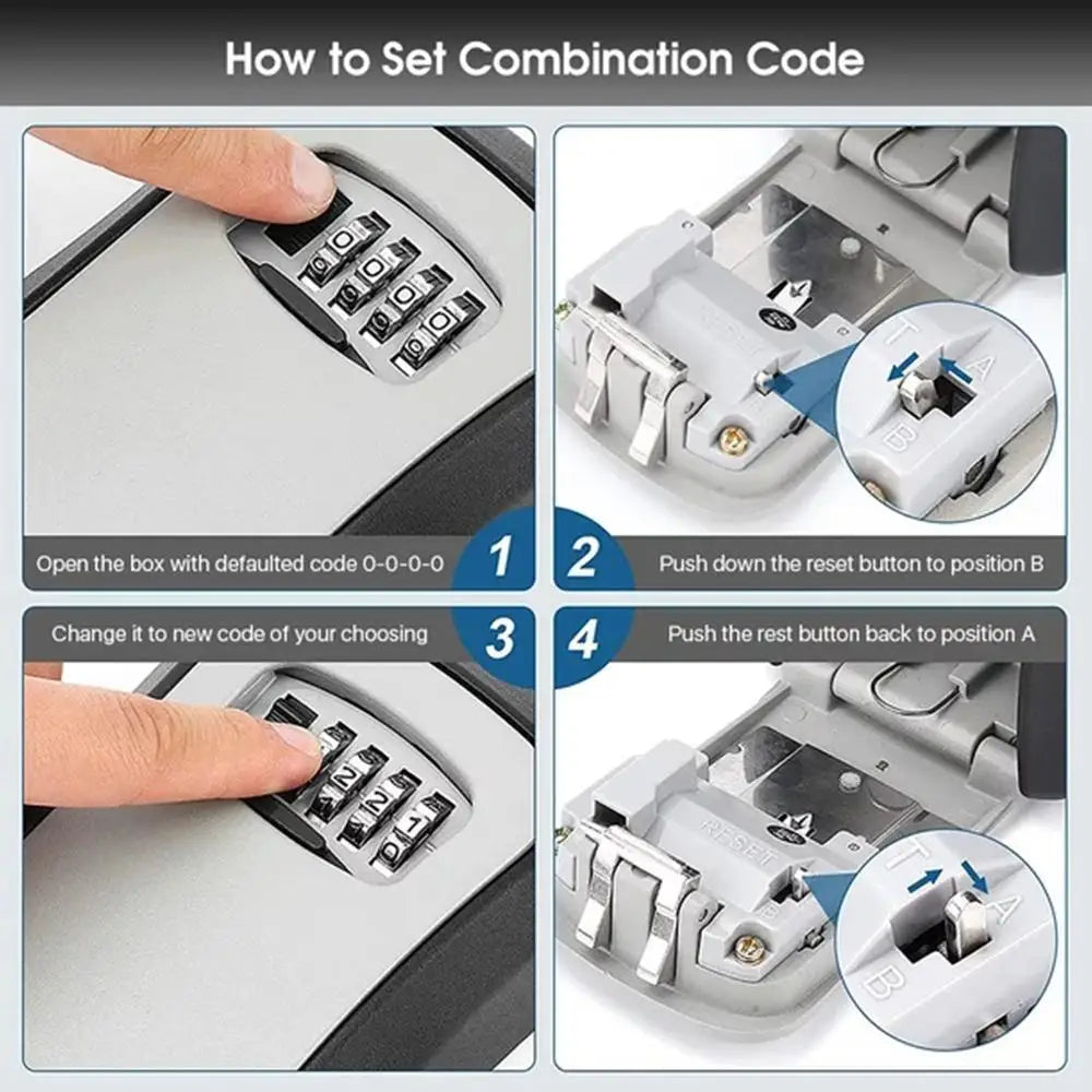 Grey metal wall-mounted key lock box with a four-digit combination dial and internal reset switch instructions.