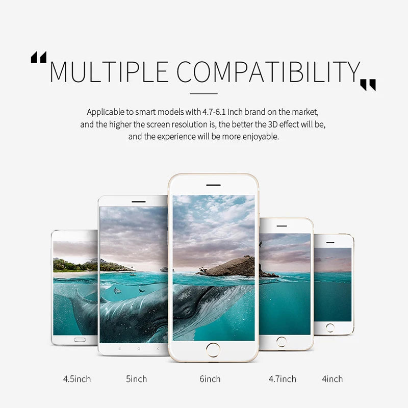 Five smartphones in varying sizes from 4 to 6 inches, displaying an ocean wallpaper with a whale.