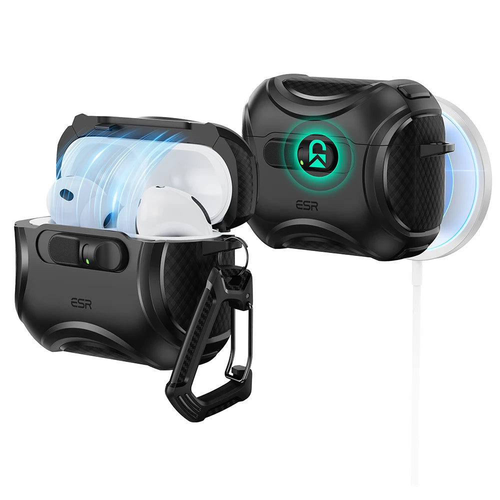 Black rugged ESR protective case for AirPods 3 with carabiner, featuring a carbon fibre texture and MagSafe charging.