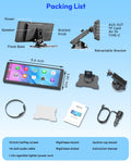 Black 10.26-inch portable car stereo touchscreen with mounts, AUX cable, power adapter, and user manual.