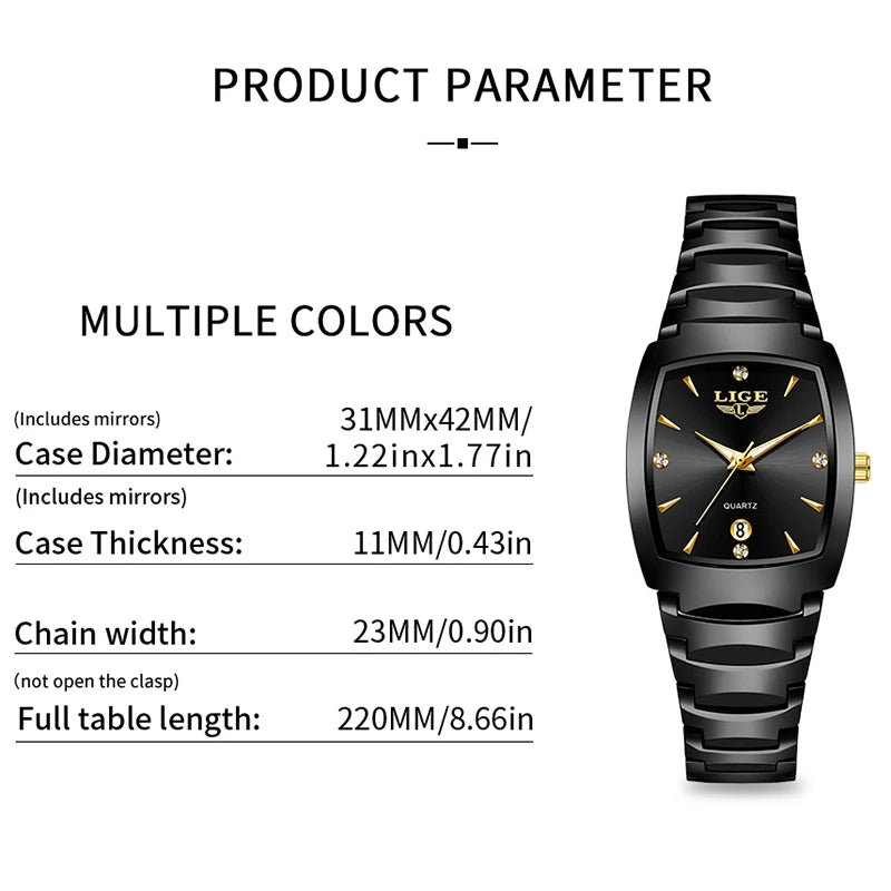 Elegant ladies' black stainless steel quartz watch with a sleek black face, gold indices, and date window display.