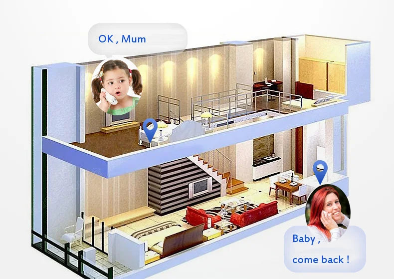 3D cross-section of a two-storey house illustrating a home intercom system between a mother and child.