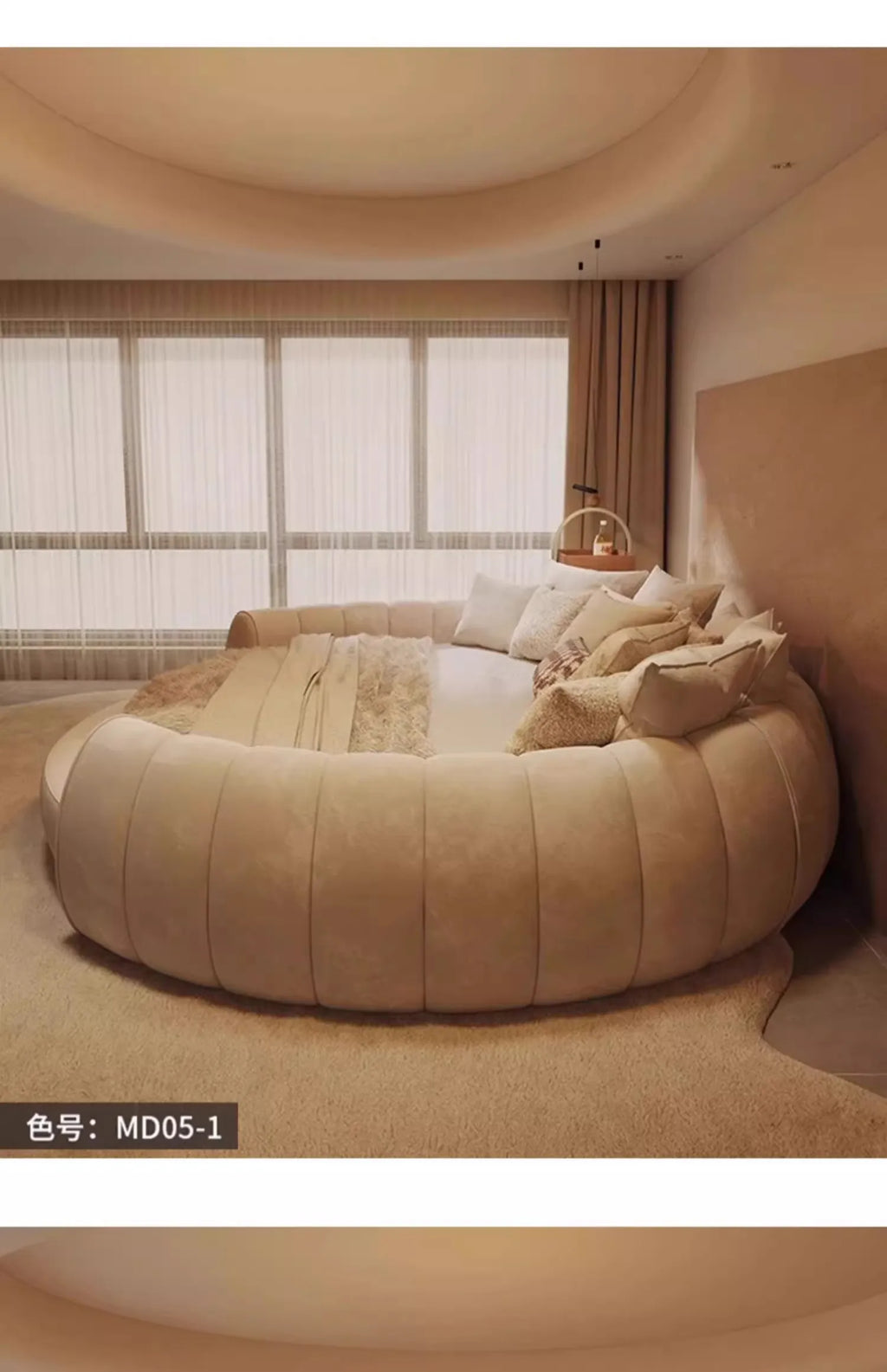 A modern, minimalist cream-coloured circular bedside table with a sleek, rounded design.