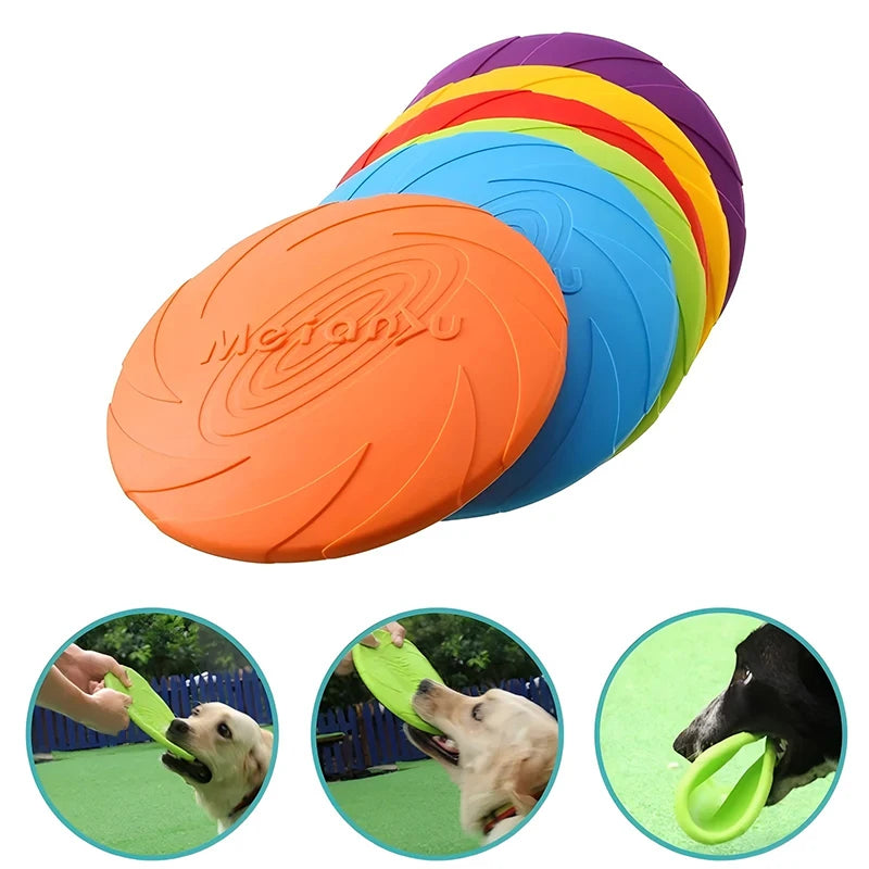 Set of durable, colourful silicone flying discs for dogs. Flexible, bite-resistant material shown in use by dogs.
