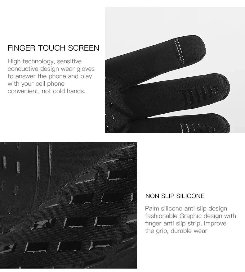 Black touchscreen gloves featuring a non-slip silicone grip pattern on the fingers and palm.