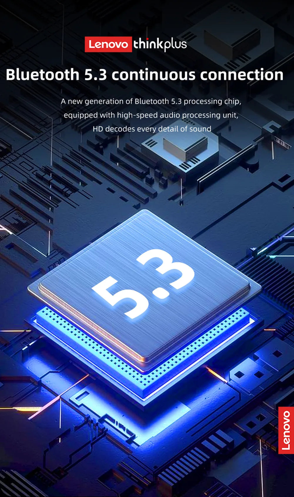 Blue, glowing tech graphic showing a 5.3 Bluetooth chip on a dark, detailed circuit board background.
