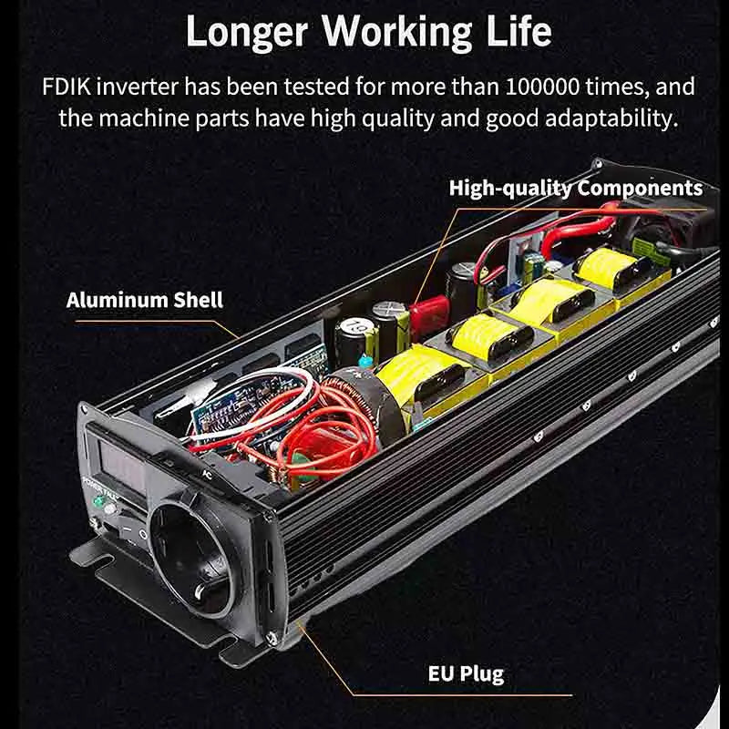 Internal view of a black aluminium power inverter showing high-quality components, circuit boards, and an EU plug.