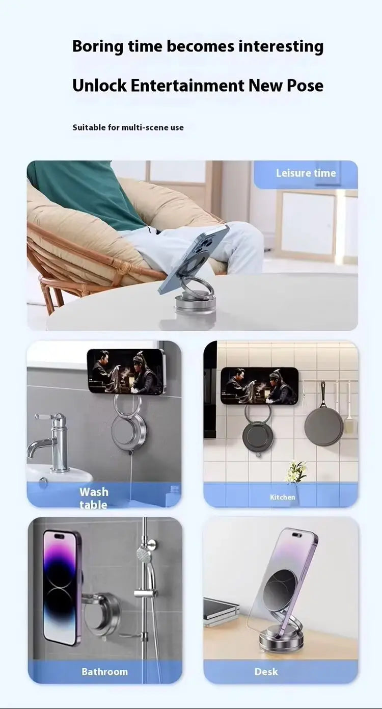 Silver magnetic phone ring holder shown in various positions, mounted on desks, walls, and surfaces for hands-free use.