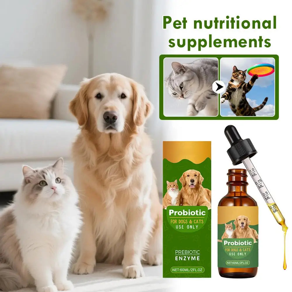 Probiotic supplement for dogs and cats in a 60ml amber glass dropper bottle with illustrated pet packaging.