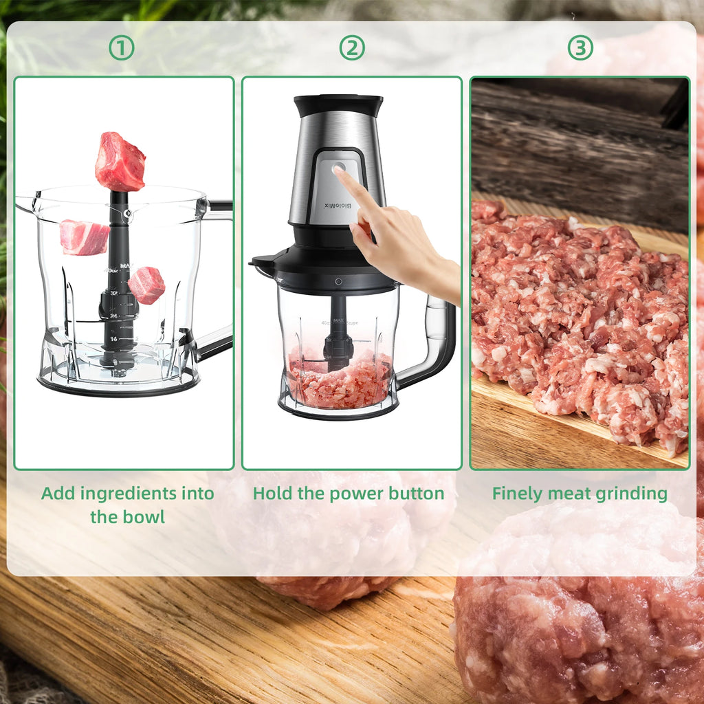 Three-step instructional image for a stainless steel and black electric meat grinder showing how to process meat.