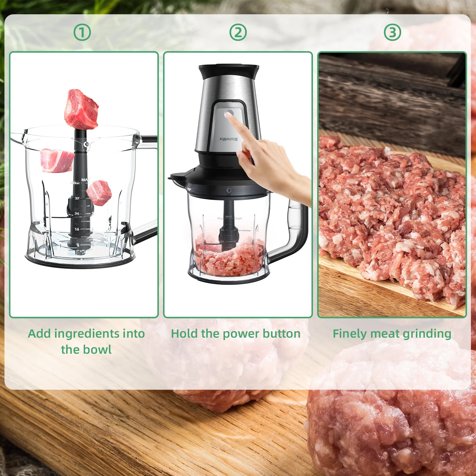 Three-step instructional image for a stainless steel and black electric meat grinder showing how to process meat.