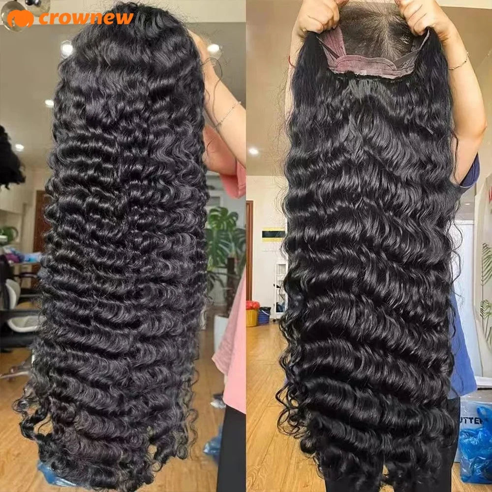 Long black human hair deep wave wig with HD lace frontal, showing front and interior cap construction.