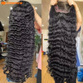 Long black human hair deep wave wig with HD lace frontal, showing front and interior cap construction.