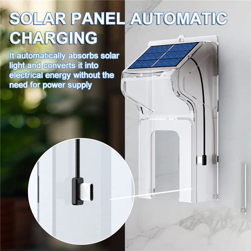 Clear protective cover for wireless video doorbells with a mounted solar panel for automatic charging.