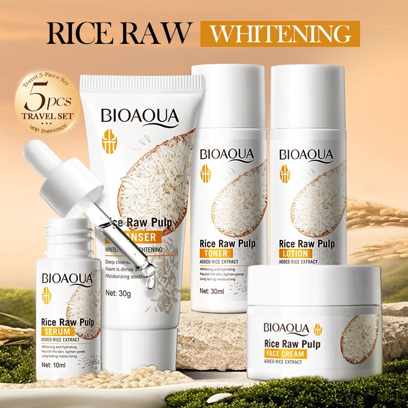 Five-piece rice-based skincare travel set featuring white bottles and tubes with rice extract illustrations.