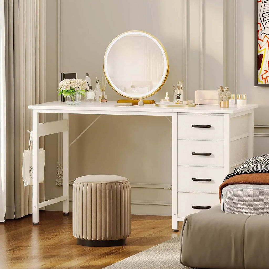 White vanity desk with four drawers, a round lighted mirror, and a beige tufted stool.
