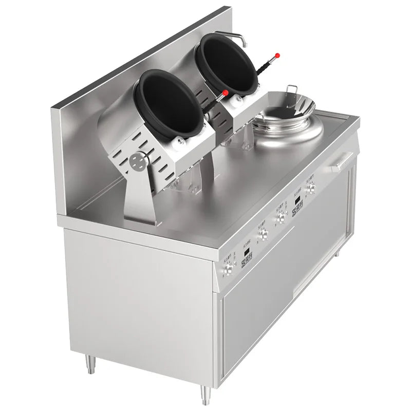 Stainless steel commercial cooking range with two tilted wok burners and one flat-top burner, and control dials.