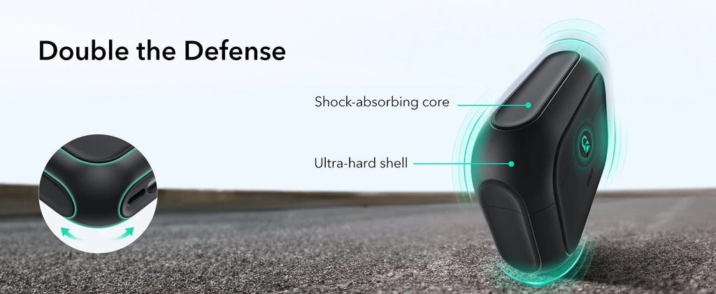 Black rugged protective case for AirPods featuring an ultra-hard shell and shock-absorbing core.