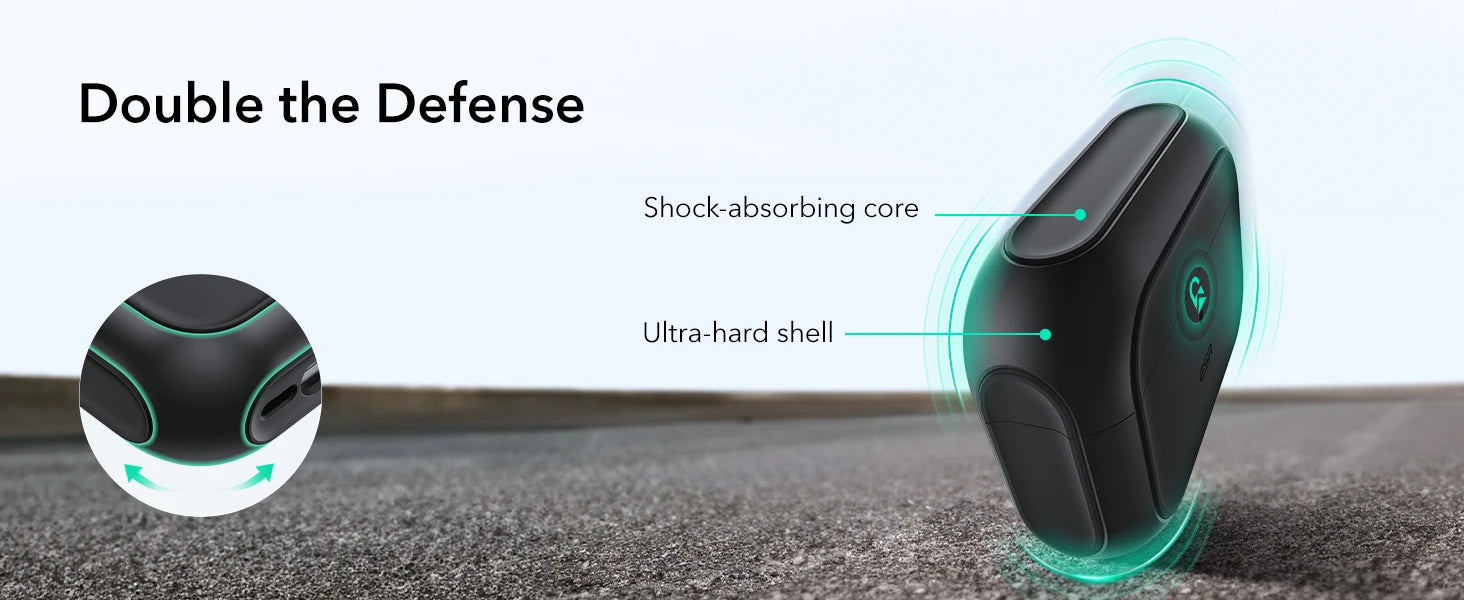 Black rugged protective case for AirPods featuring an ultra-hard shell and shock-absorbing core.