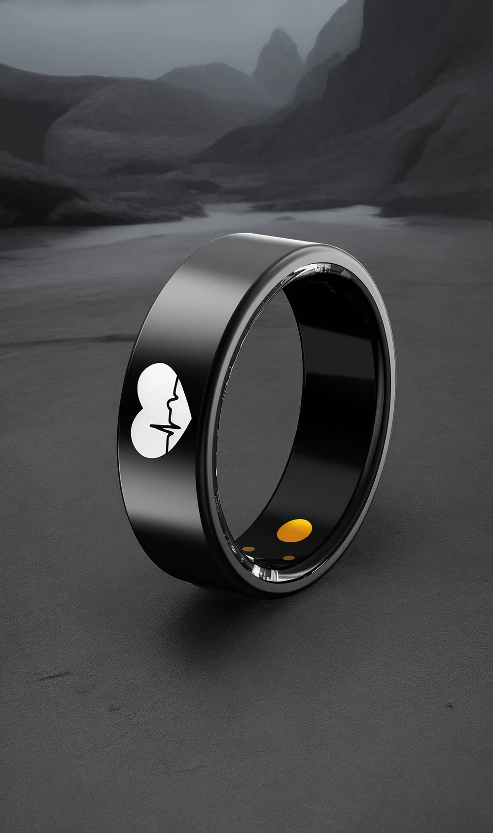 Sleek black smart fitness ring featuring a white heart-rate icon and yellow internal sensors on a grey background.