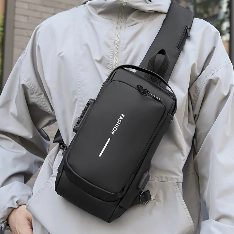 Black anti-theft waterproof crossbody sling bag with a combination lock, USB port, and adjustable shoulder strap.