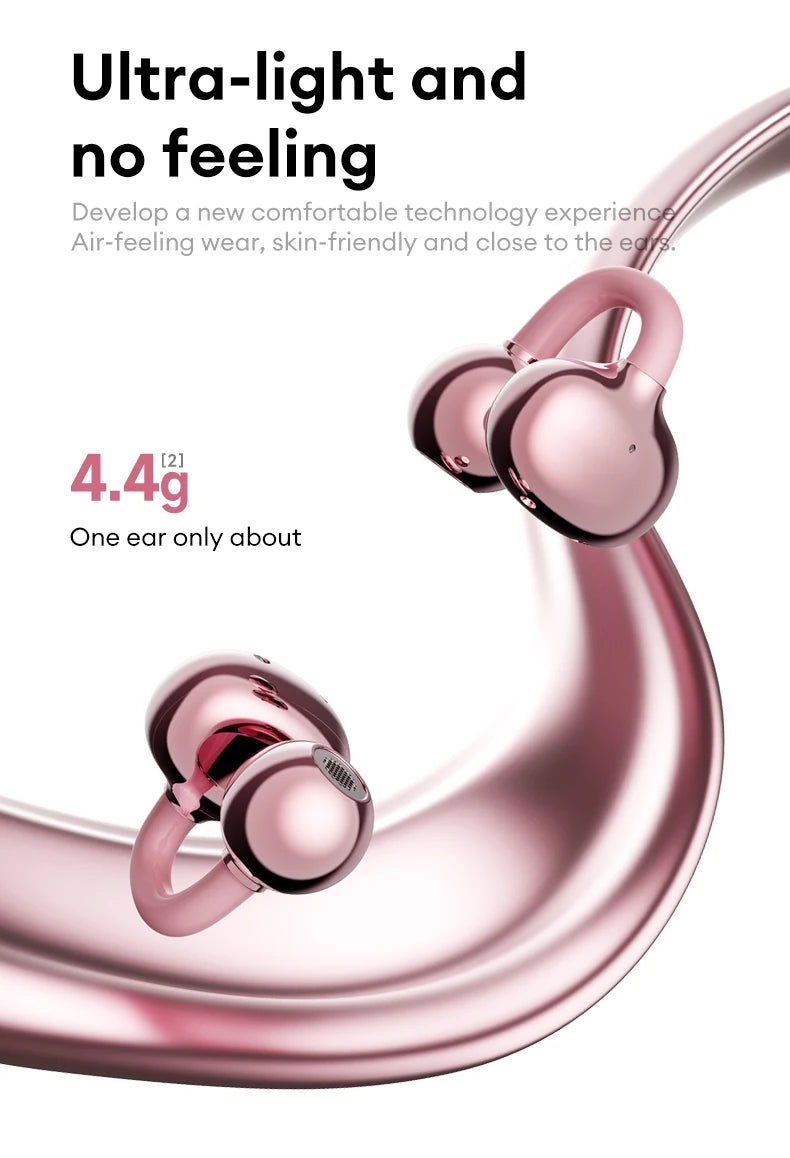 Shiny, rose gold, lightweight clip-on wireless earbuds with a smooth, ergonomic design.