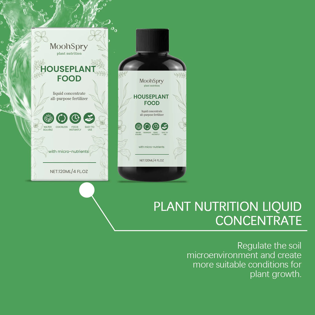120ml bottle of liquid houseplant food concentrate with box, featuring a light green floral design on a green background.