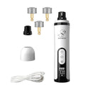 White electric pet nail grinder with LED light, LCD display, three grinding heads, protective cap and charging cable.