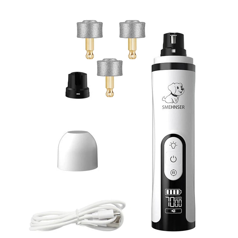 White electric pet nail grinder with LED light, LCD display, three grinding heads, protective cap and charging cable.