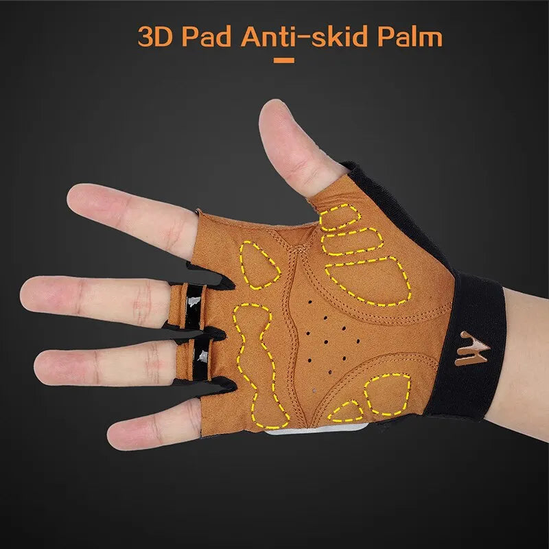 Tan, fingerless cycling glove with black wrist strap and yellow-stitched 3D anti-skid palm padding.