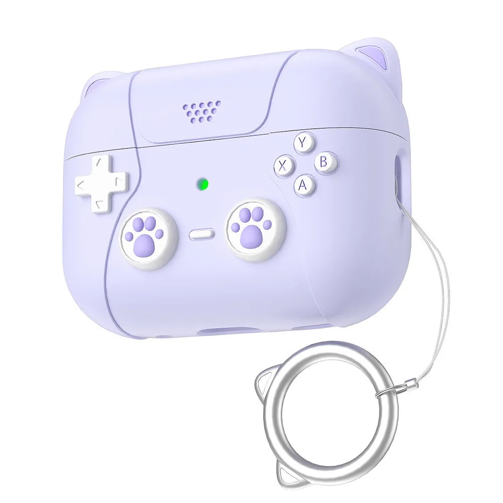 Lilac silicone AirPods Pro case shaped like a gaming controller with cat-ear details and a matching wrist ring.