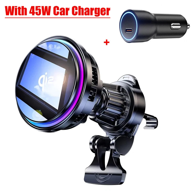 Black magnetic car phone mount with colorful LED ring light and a matching 45W USB-C car charger.