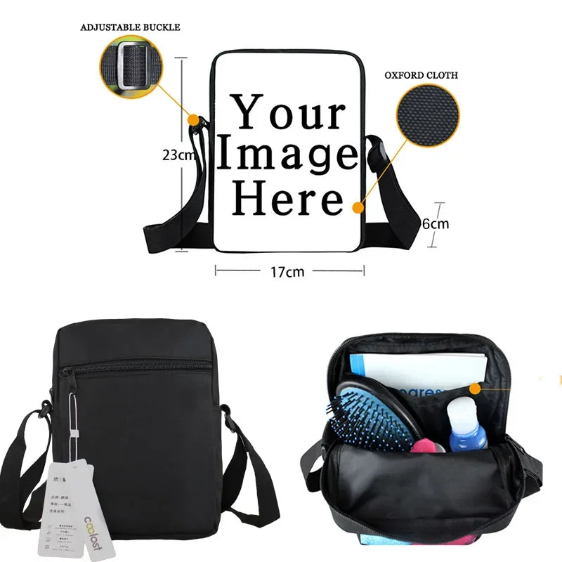 Black adjustable Oxford cloth crossbody bag, 23x17x6cm, with a zipped main compartment and front pocket.